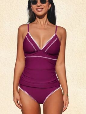 Cupshe Plum Tankini with White Trim